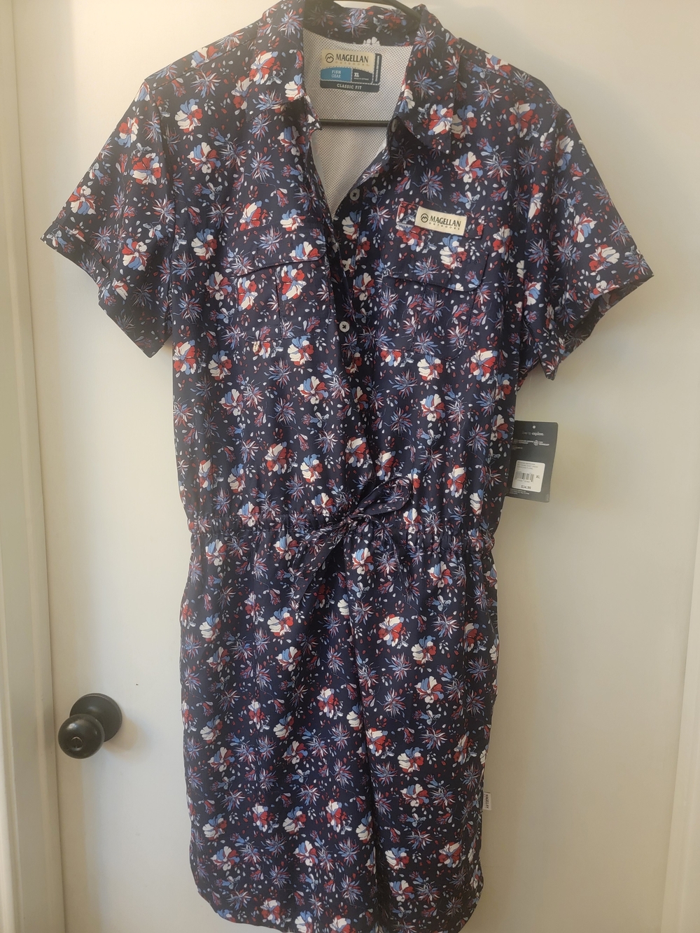 Magellan Outdoors Navy Floral Button-Front Top with Red and White Accents